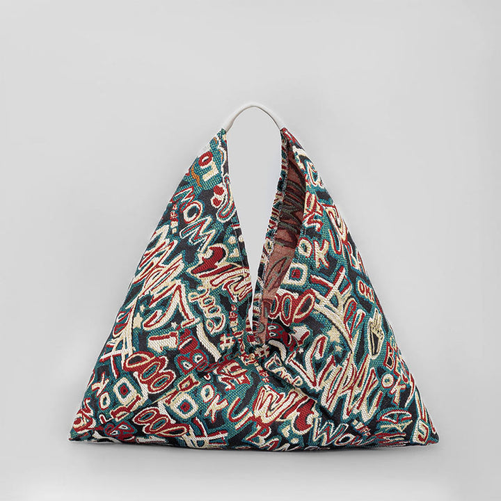 Buddha Stones Flowers Letters Butterfly Geometry Print Underarm Triangle Shoulder Bag - Green English Letters 58*52cm - image 2