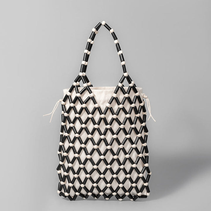 Buddha Stones Hand-woven Mesh Hollow Wooden Beads Handbag - Black 15*4*25cm - image 0