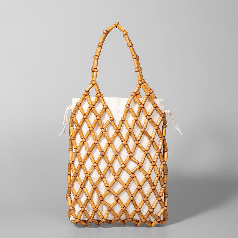 Buddha Stones Hand-woven Mesh Hollow Wooden Beads Handbag - Coffee 15*4*25cm - image 6