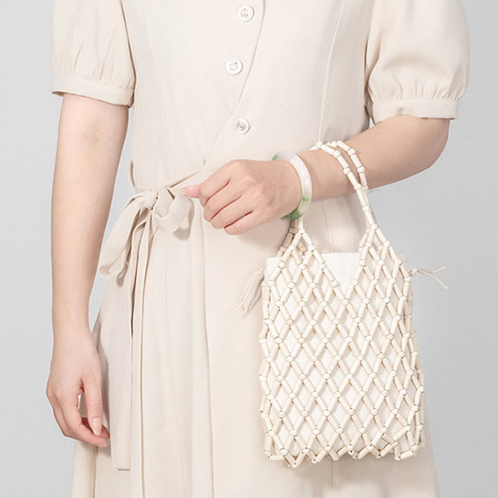 Buddha Stones Hand-woven Mesh Hollow Wooden Beads Handbag - image 4