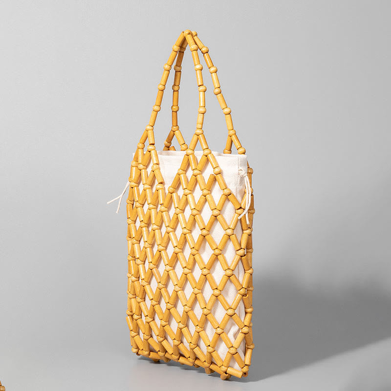 Buddha Stones Hand-woven Mesh Hollow Wooden Beads Handbag - image 10