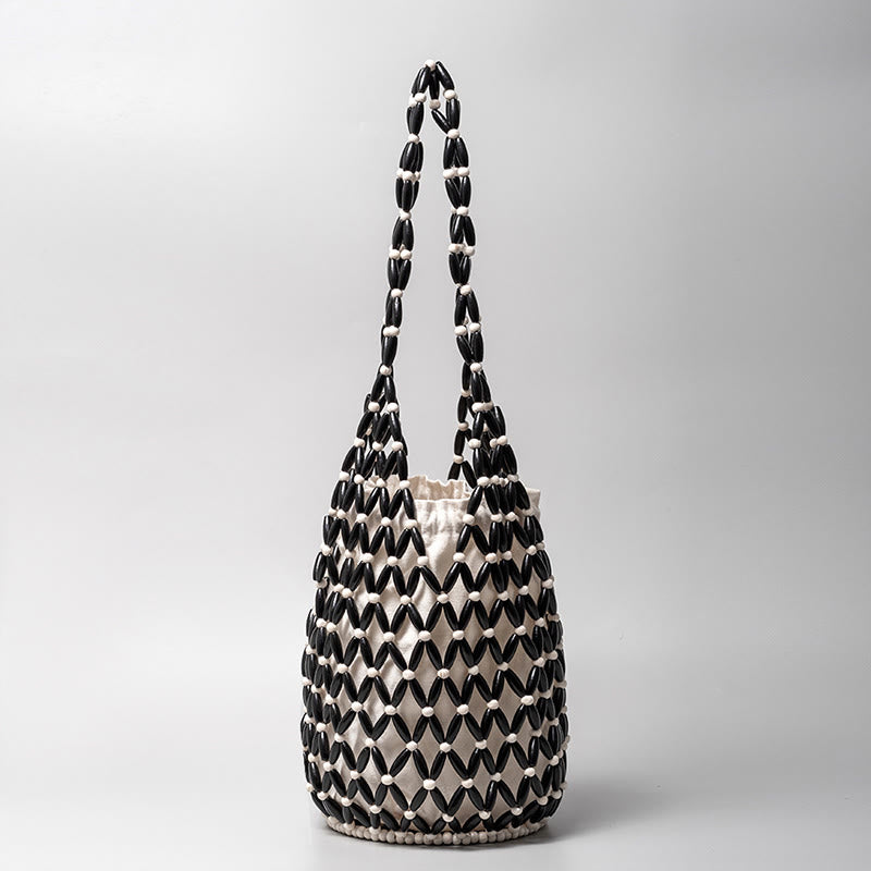 Buddha Stones Hand-woven Wooden Beads Bucket Shoulder Bag Handbag - Black 16.5*16.5*36cm - image 0