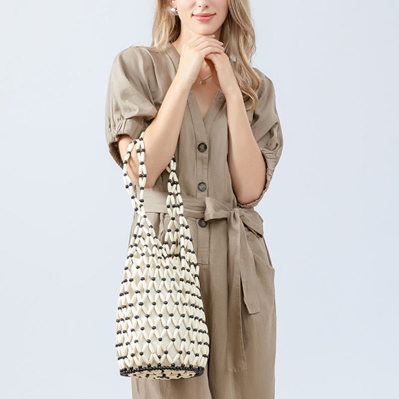 Buddha Stones Hand-woven Wooden Beads Bucket Shoulder Bag Handbag - image 13