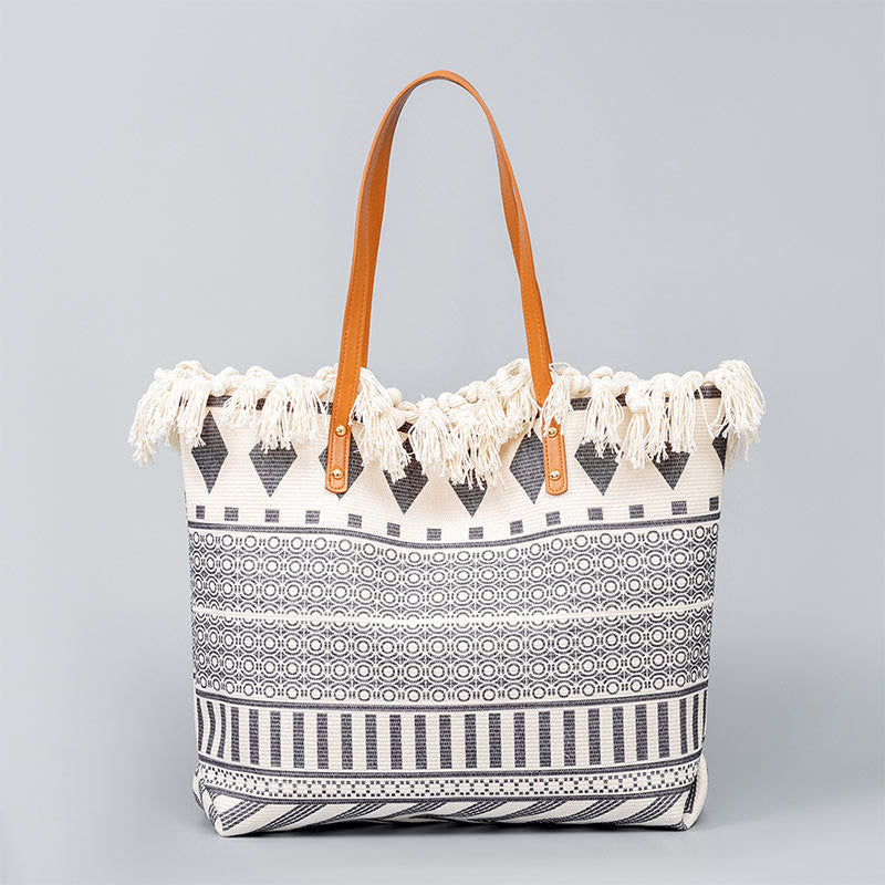Buddha Stones Large Capacity Boho Geometry Print Tassel Canvas Tote Shoulder Bag - Beige Geometry 50*10*32cm - image 11
