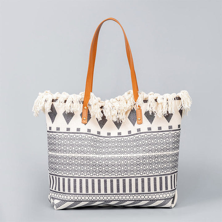Buddha Stones Large Capacity Boho Geometry Print Tassel Canvas Tote Shoulder Bag - Beige Geometry 50*10*32cm - image 11