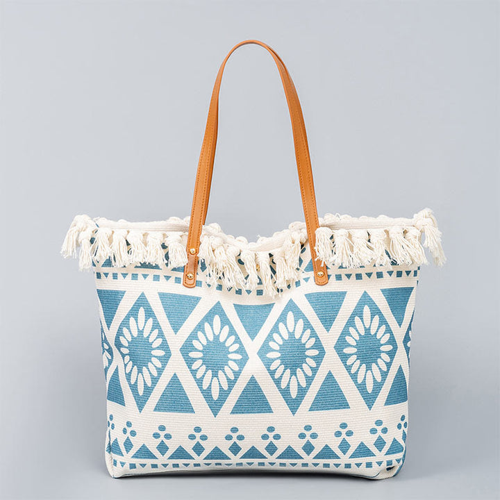 Buddha Stones Large Capacity Boho Geometry Print Tassel Canvas Tote Shoulder Bag - Blue Rhombus 50*10*32cm - image 0