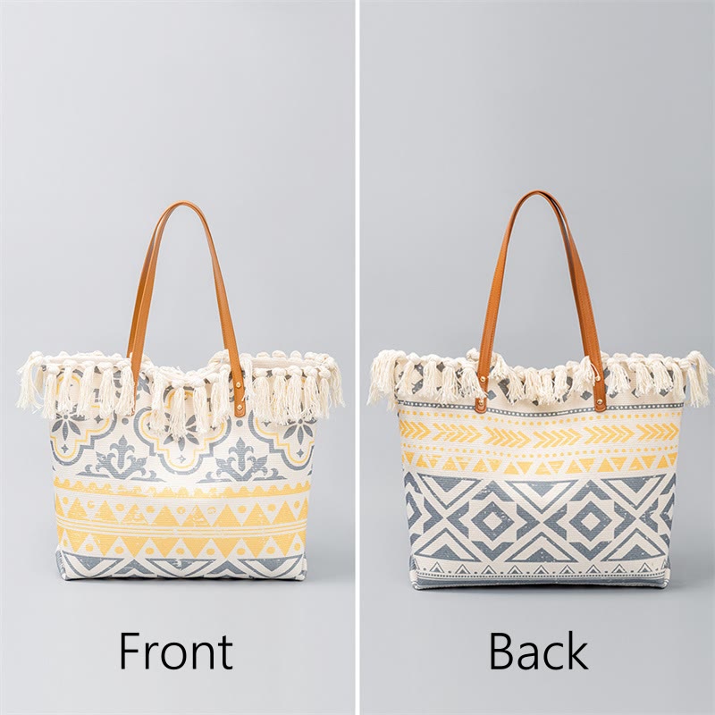 Buddha Stones Large Capacity Boho Geometry Print Tassel Canvas Tote Shoulder Bag - Yellow Beige Geometry 50*10*32cm - image 9