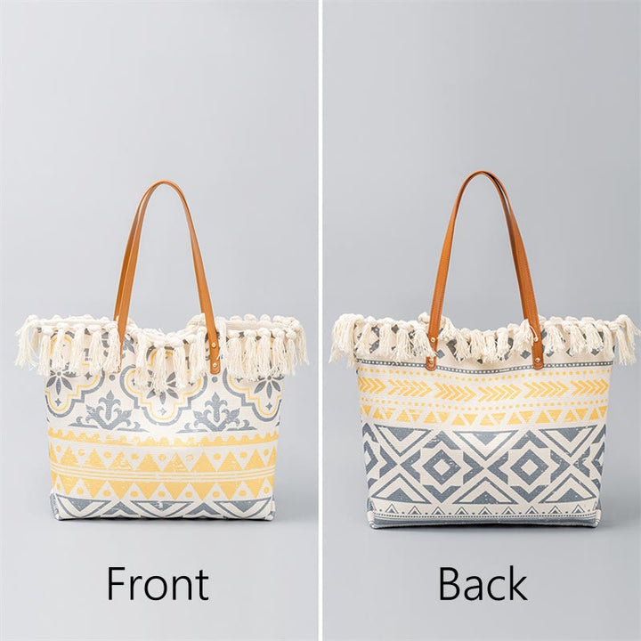 Buddha Stones Large Capacity Boho Geometry Print Tassel Canvas Tote Shoulder Bag - Yellow Beige Geometry 50*10*32cm - image 9