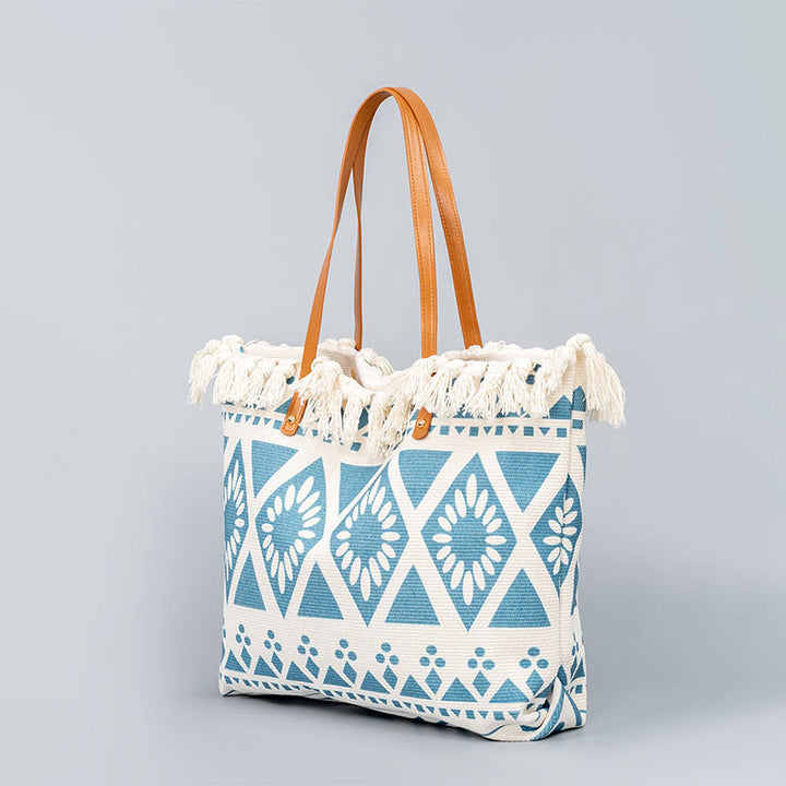 Buddha Stones Large Capacity Boho Geometry Print Tassel Canvas Tote Shoulder Bag - image 2
