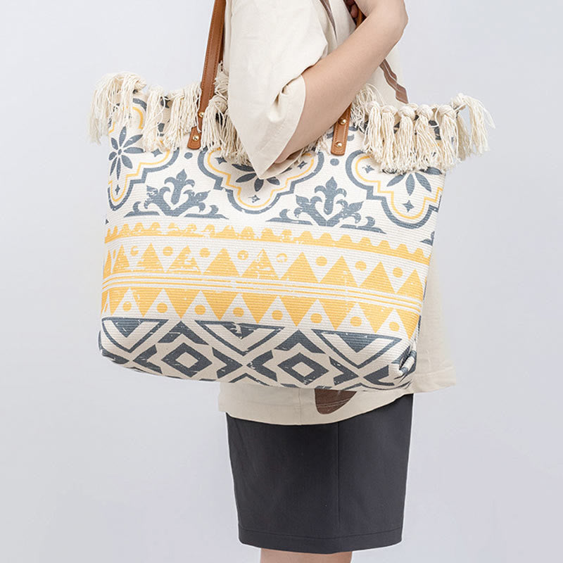 Buddha Stones Large Capacity Boho Geometry Print Tassel Canvas Tote Shoulder Bag - image 10