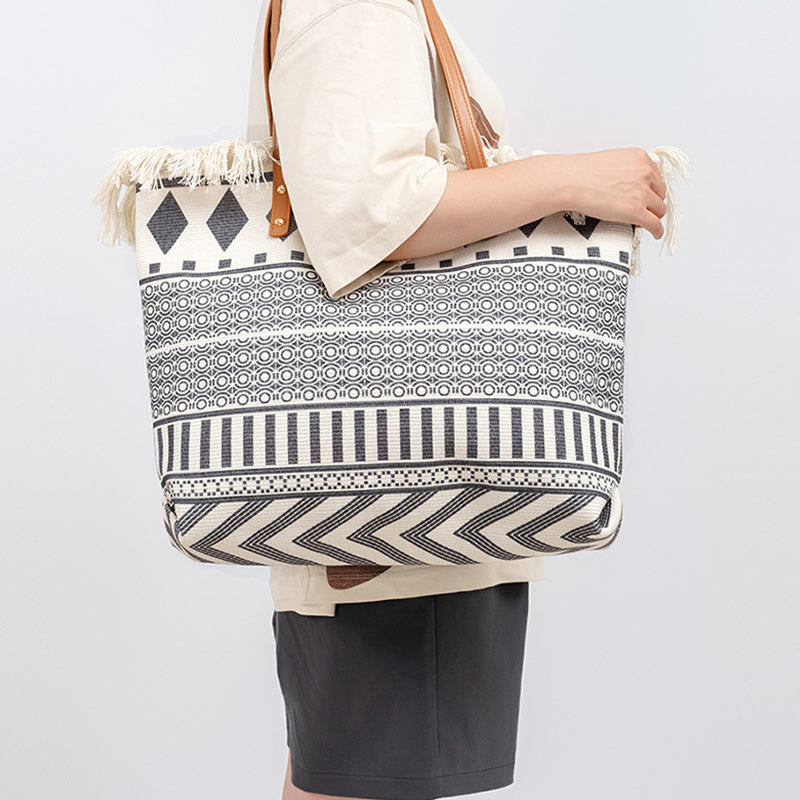 Buddha Stones Large Capacity Boho Geometry Print Tassel Canvas Tote Shoulder Bag - image 12