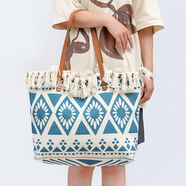 Buddha Stones Large Capacity Boho Geometry Print Tassel Canvas Tote Shoulder Bag - image 3