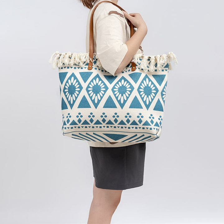Buddha Stones Large Capacity Boho Geometry Print Tassel Canvas Tote Shoulder Bag - image 4