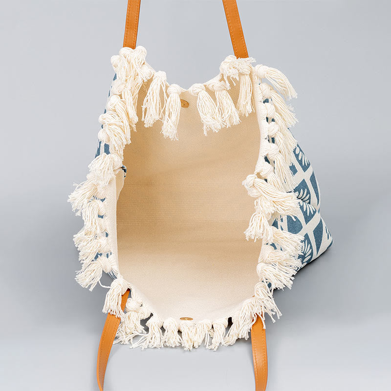 Buddha Stones Large Capacity Boho Geometry Print Tassel Canvas Tote Shoulder Bag - image 1