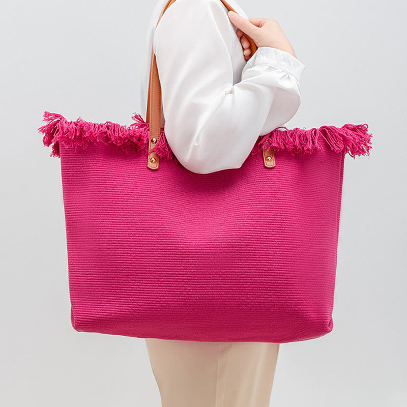 Buddha Stones Large Capacity Solid Color Tassel Canvas Tote Shoulder Bag - image 9
