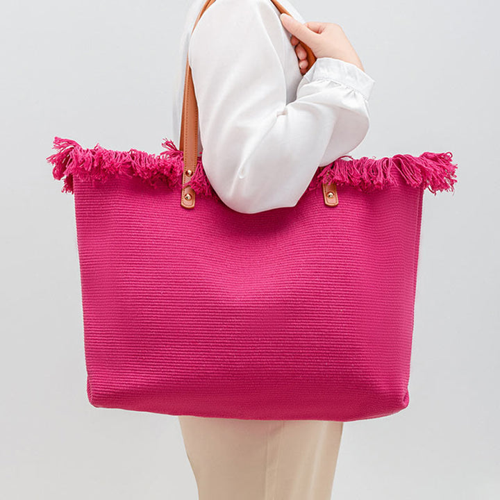 Buddha Stones Large Capacity Solid Color Tassel Canvas Tote Shoulder Bag - image 9