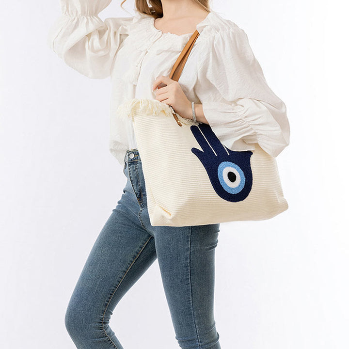 Buddha Stones Large Capacity Evil Eye Leaf Hamsa Tassel Canvas Tote Shoulder Bag - image 19