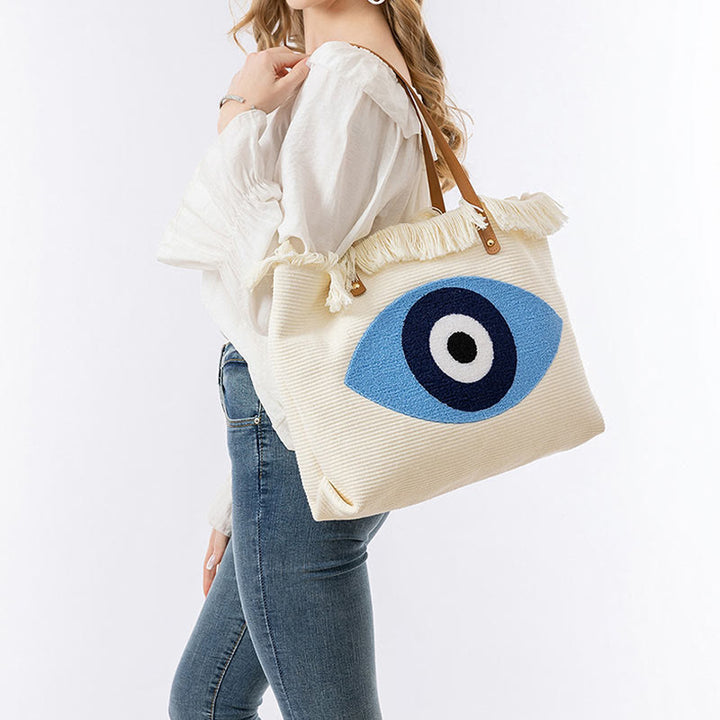 Buddha Stones Large Capacity Evil Eye Leaf Hamsa Tassel Canvas Tote Shoulder Bag - image 9