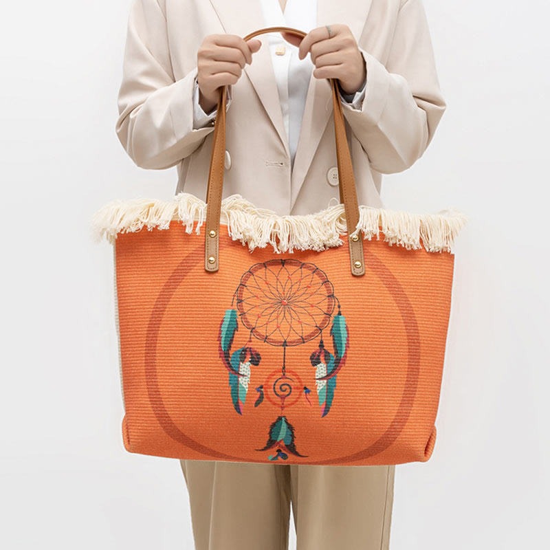 Buddha Stones Large Capacity Dreamcatcher Mandala Tassel Canvas Tote Shoulder Bag - Dreamcatcher 50*10*30cm - image 0
