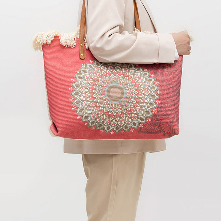 Buddha Stones Large Capacity Dreamcatcher Mandala Tassel Canvas Tote Shoulder Bag - image 8