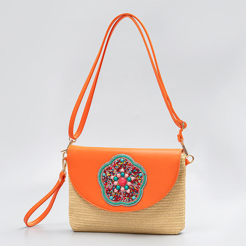 Buddha Stones Hamsa Elephant Flower Straw Woven Crossbody Bag Shoulder Bag Handbag - Flower 28*3*21cm - image 14
