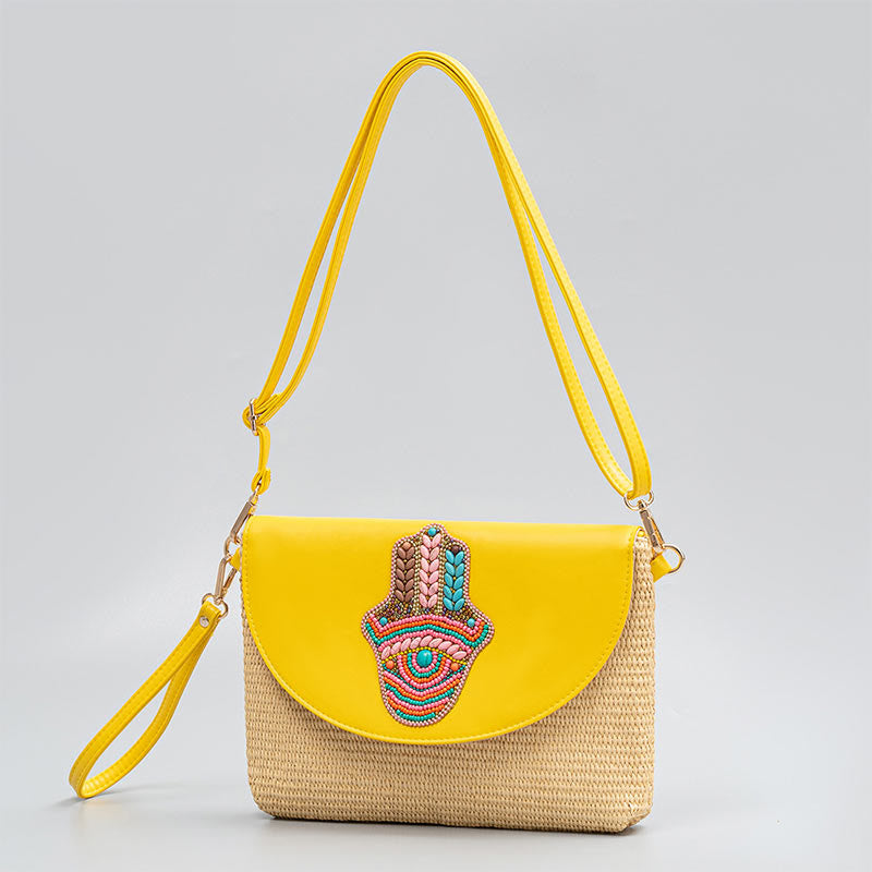 Buddha Stones Hamsa Elephant Flower Straw Woven Crossbody Bag Shoulder Bag Handbag - Hamsa 28*3*21cm - image 0