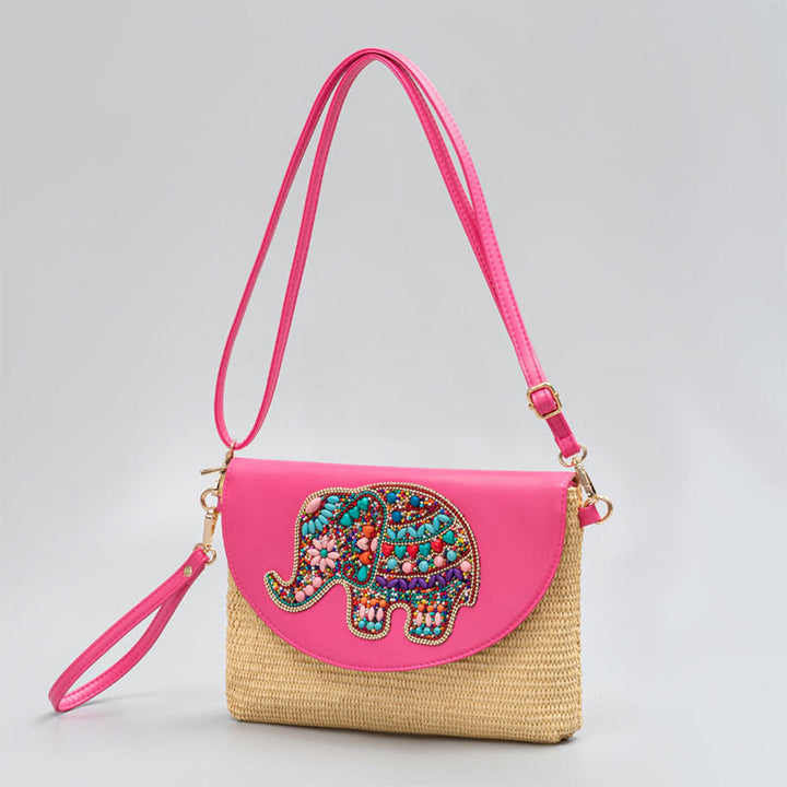 Buddha Stones Hamsa Elephant Flower Straw Woven Crossbody Bag Shoulder Bag Handbag - Elephant 28*3*21cm - image 10