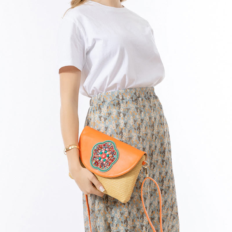 Buddha Stones Hamsa Elephant Flower Straw Woven Crossbody Bag Shoulder Bag Handbag - image 18