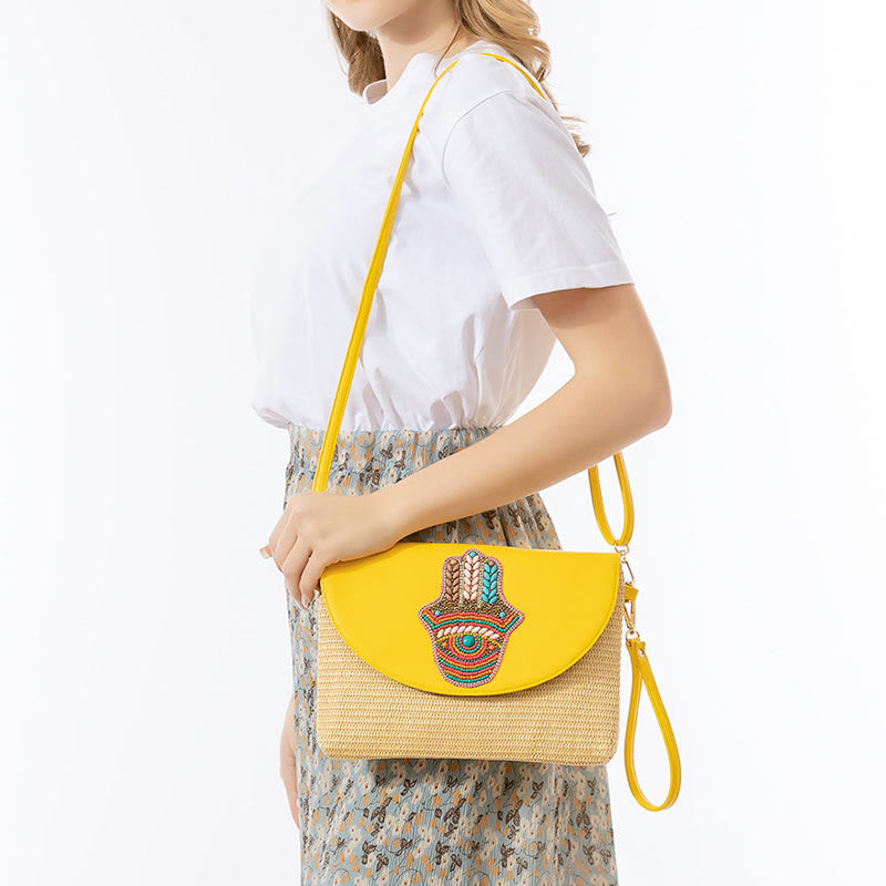 Buddha Stones Hamsa Elephant Flower Straw Woven Crossbody Bag Shoulder Bag Handbag - image 7