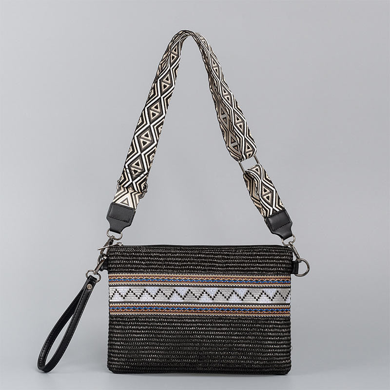 Buddha Stones Boho Colorful Geometry Straw Woven Crossbody Bag Shoulder Bag Handbag - Black Geometry 28*2*20cm - image 15
