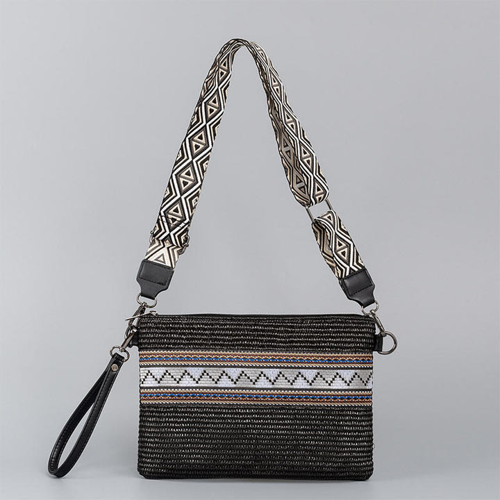 Buddha Stones Boho Colorful Geometry Straw Woven Crossbody Bag Shoulder Bag Handbag - Black Geometry 28*2*20cm - image 15