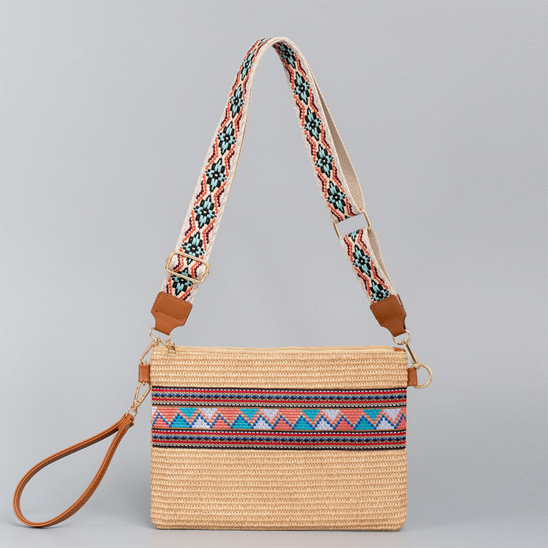 Buddha Stones Boho Colorful Geometry Straw Woven Crossbody Bag Shoulder Bag Handbag - Khaki Colorful Geometry 28*2*20cm - image 0
