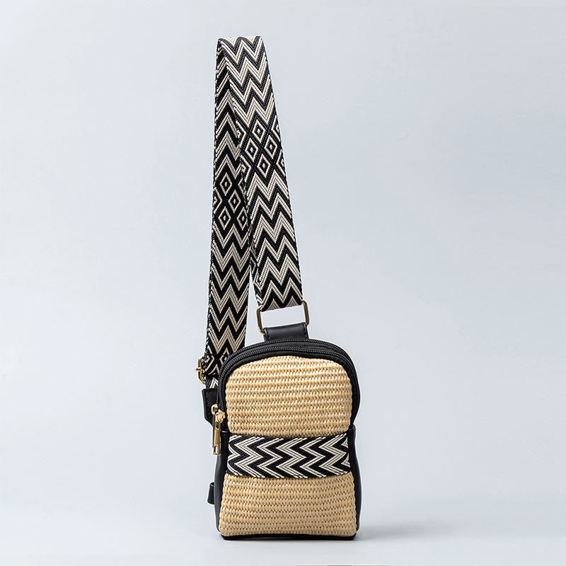 Buddha Stones Small Geometry Straw Woven Crossbody Bag Shoulder Bag - Black 12*4*18cm - image 10