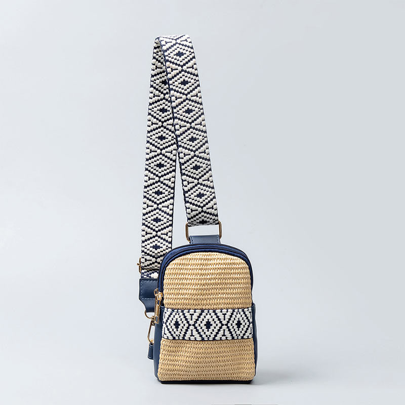 Buddha Stones Small Geometry Straw Woven Crossbody Bag Shoulder Bag - Blue 12*4*18cm - image 0