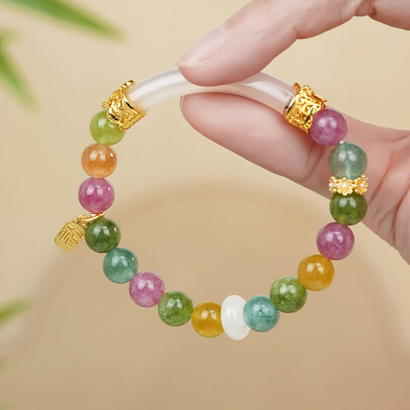 Buddha Stones Colorful Tourmaline Chalcedony Positive Fu Character Charm Bracelet - Tourmaline(Wrist Circumference 14-15cm) - image 0