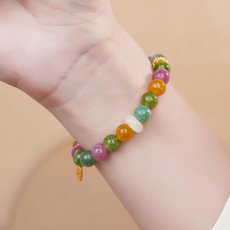 Buddha Stones Colorful Tourmaline Chalcedony Positive Fu Character Charm Bracelet - image 1