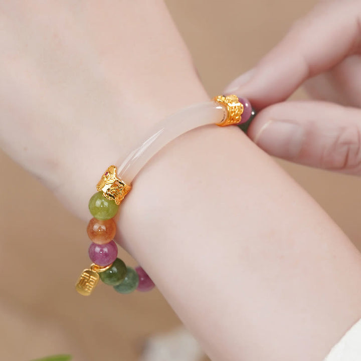 Buddha Stones Colorful Tourmaline Chalcedony Positive Fu Character Charm Bracelet - image 2