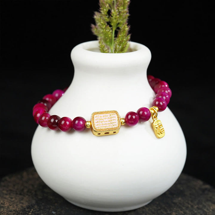 Buddha Stones Rose Red Tiger Eye Fu Character Courage Bracelet - image 2