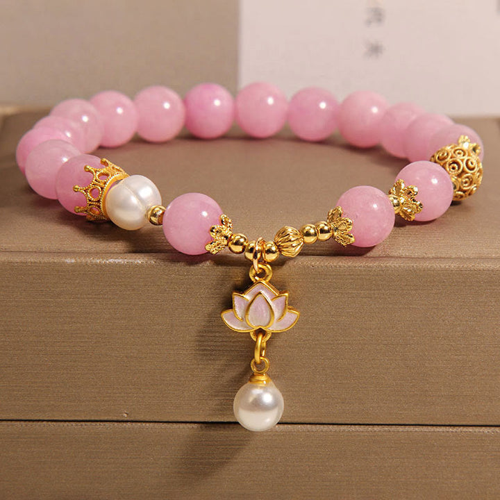 Buddha Stones Pink Quartzite Pearl Lotus Charm Harmony Bracelet - Pink Quartzite(Wrist Circumference: 14-17cm) - image 0