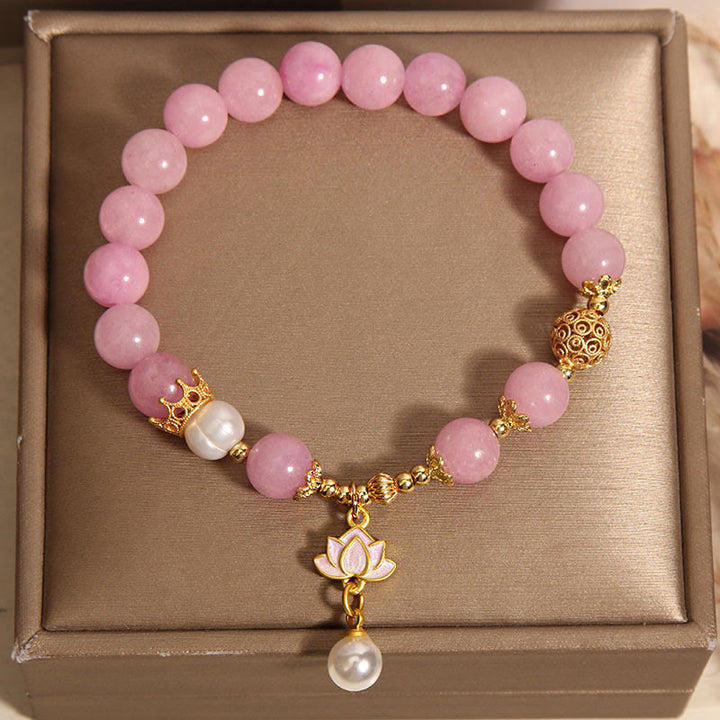 Buddha Stones Pink Quartzite Pearl Lotus Charm Harmony Bracelet - image 2