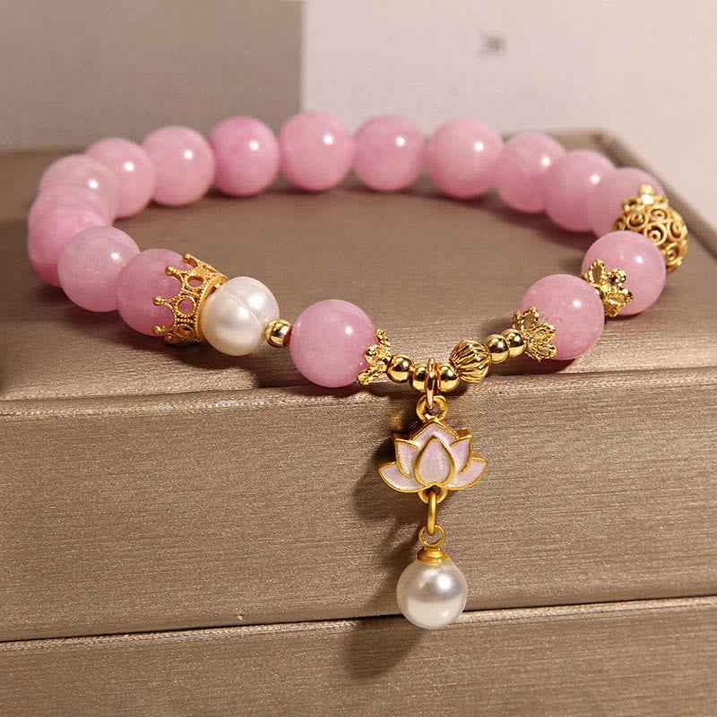 Buddha Stones Pink Quartzite Pearl Lotus Charm Harmony Bracelet - image 1