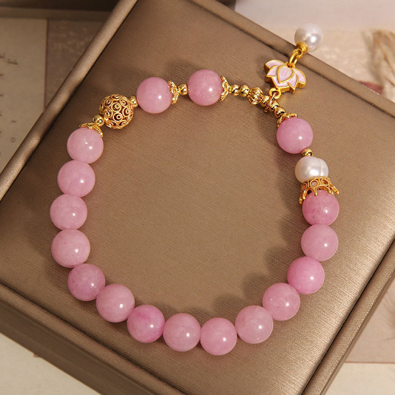 Buddha Stones Pink Quartzite Pearl Lotus Charm Harmony Bracelet - image 4