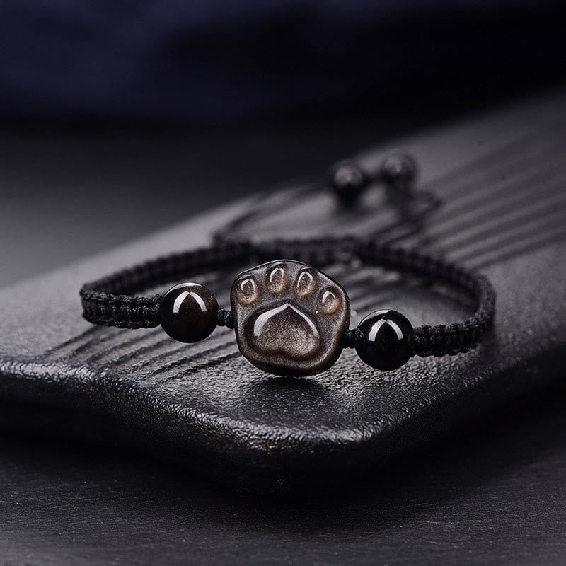 Buddha Stones Natural Silver Sheen Obsidian Gold Sheen Obsidian Cat Claw Soothing Braided Bracelet - Silver Sheen Obsidian(Wrist Circumference: 15-17cm) - Cat Claw Black String - image 1