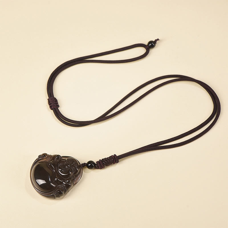 Buddha Stones Natural Black Obsidian Ice Obsidian Laughing Buddha Purification Necklace Pendant - image 1