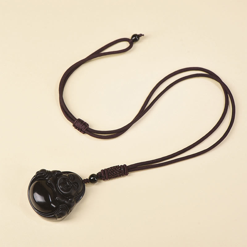 Buddha Stones Natural Black Obsidian Ice Obsidian Laughing Buddha Purification Necklace Pendant - Black Obsidian - Standard Rope - image 9