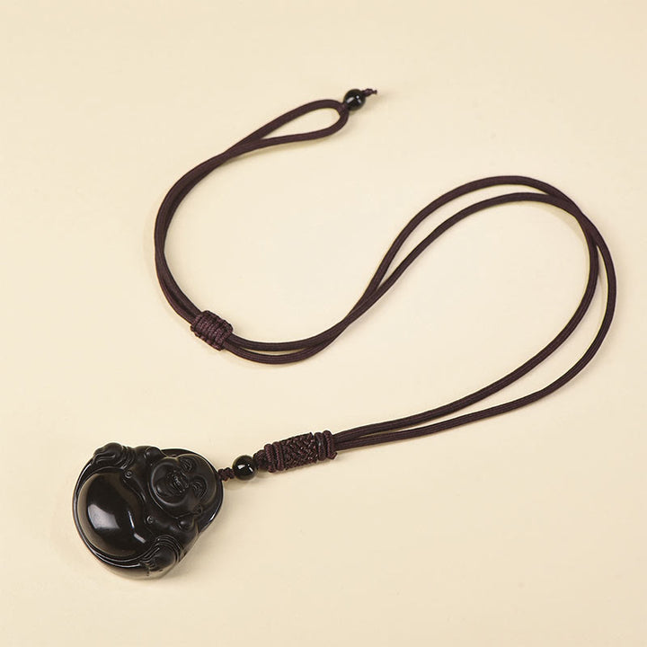 Buddha Stones Natural Black Obsidian Ice Obsidian Laughing Buddha Purification Necklace Pendant - Black Obsidian - Standard Rope - image 9