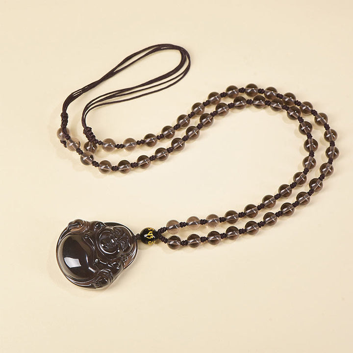 Buddha Stones Natural Black Obsidian Ice Obsidian Laughing Buddha Purification Necklace Pendant - Ice Obsidian - Glass Bead Chain - image 4