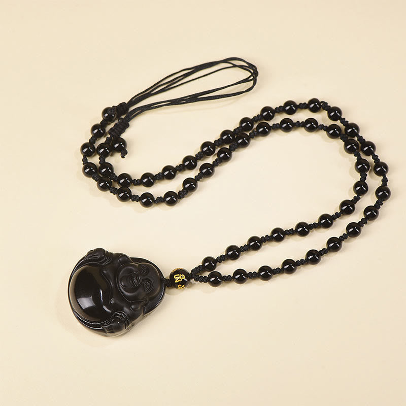 Buddha Stones Natural Black Obsidian Ice Obsidian Laughing Buddha Purification Necklace Pendant - Black Obsidian - Glass Bead Chain - image 11