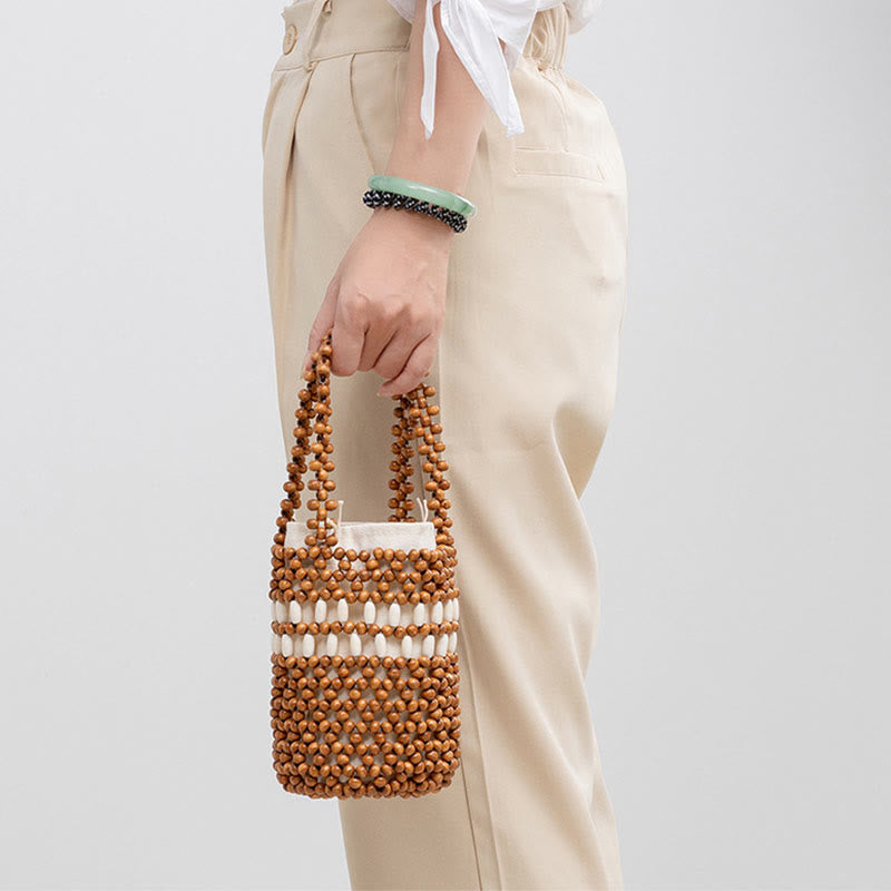 Buddha Stones Hand-woven Bucket Portable Wooden Beads Handbag - image 5