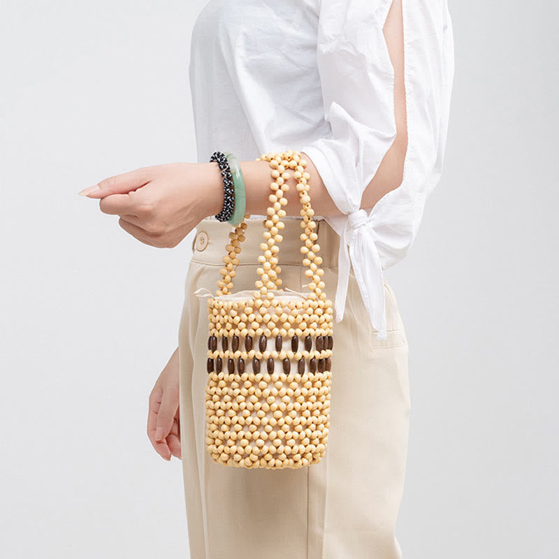 Buddha Stones Hand-woven Bucket Portable Wooden Beads Handbag - image 14